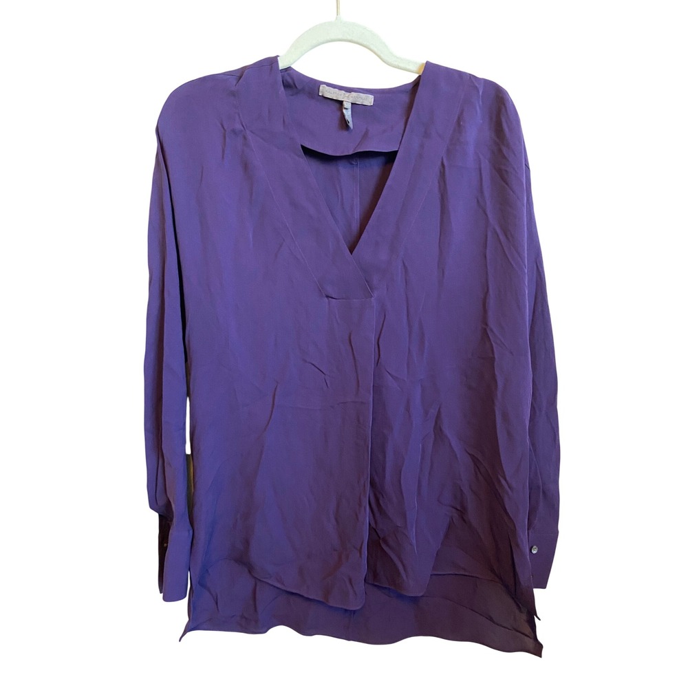 Halston Heritage Purple 100% Silk V-Neck Blouse WD010411 Large Long Sleeve